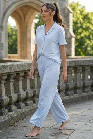 Relax Mode Kadın Nakış Desen Mavi Gömlek Pijama Takım - 26038r