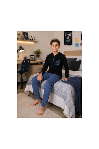 Formo Erkek Çocuk %100 Doğal Pamuk Manşet Paça Uzun Kollu Pijama Takımı Lacıvert