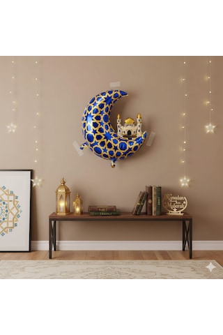 65 X 63 Cm Folyo Balon Mavi Gold Desenli Cami Figürlü Hilal - Ramazan Süs Balonu Çok Renkli