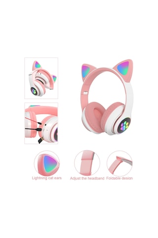 Kablosuz Kedi Kulaklık Şarjlı Led Işıklı Bluetooth Uyumlu Kulaklık Aux Sd Kart Girişli Stn-28