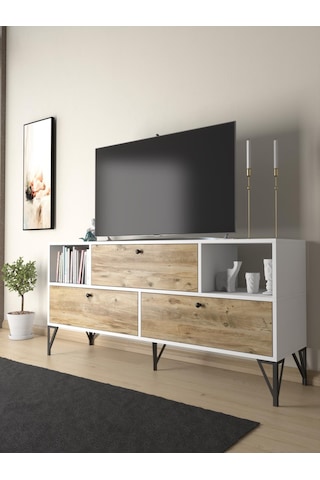 Wood'n Love Mia 160 Cm Metal Ayaklı Tv Ünitesi - Konsol - Beyaz - Atlantik Çam / Siyah