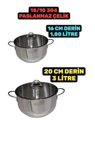 Linda 16-20 Cm Cam Kapaklı Çelik Derin Tencere Seti Paslanmaz Çelik