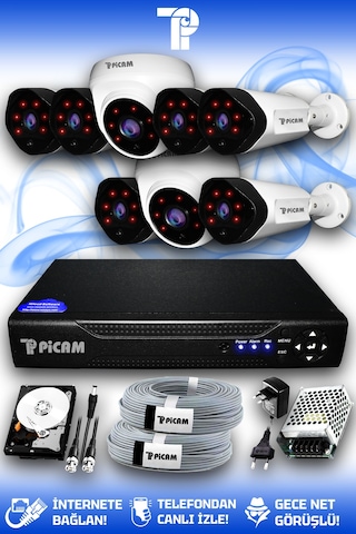 Picam 8 Kameralı Uzay 2 İç Kamera Set 500 GB HDD Full HD Gece Görüşlü Güvenlik Kamerası Sistemi