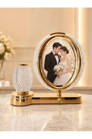 Kişiye Özel Fotoğraflı Kristal Oval Çerçeveli Led Masa Lambası-dekoratif Abajurlu Hediye Gold