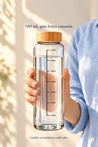 Tilbe Home Bambu Kapaklı Cam Matara Sporcu Suluğu Taşınabilir Su Şişesi 700 Ml Vakumlu Suluk Şeffaf