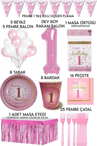 8 Kişilik Pembe Rakam Ve Beyaz Balonlu 1 Yaş Kız Doğum Günü Partisi Seti Tabak,bardak,peçete Vs
