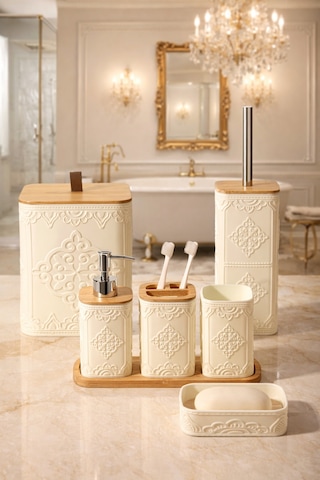 Makri Home Desenli 7 Parça Bambu Kapaklı Ve Aksesuarlı Banyo Seti Gri