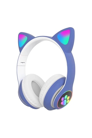 Qingmipy Mavi Kedi Kulaklıklı Bluetooth Kulaklık, Işıklı, Spor Ve Oyun İçin Uygun, Kablosuz, Evrensel Telefon Uyumlu, Dayanıklı Malzeme, Stok Satışı
