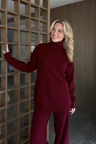 Laluvia Bordo Boğazlı Fitilli Triko Takım - 4671 Bordo