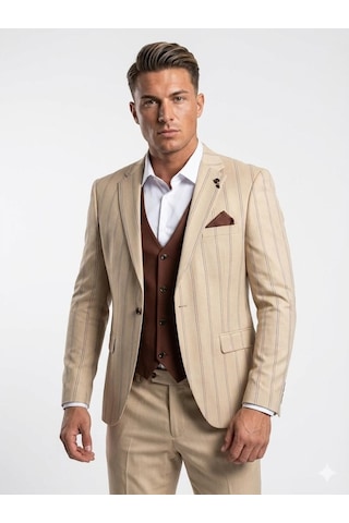Erkek Çizgili Takım Elbise 3 Lü Set Ceket + Yelek + Pantolon Slim Fit İtalyan Tarz Açık Bej