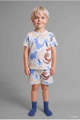 Defacto %100 Pamuk Dinozor Baskılı 2li Pijama Takımı Erkek Bebek H4034a526hsbe194 Mavi-be194