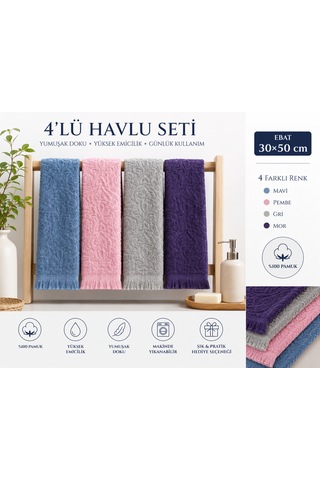 Pamuklu Mutfak Havlusu 4'lü Set 30x50 Cm El Ve Kurulama Havlusu Yumuşak Emici Çok Amaçlı Mavi