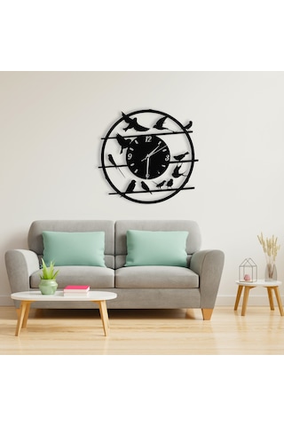 Kuş Figürlü Duvar Saati - 40 Cm Siyah Renk Sessiz Mekanizma Metal Siyah