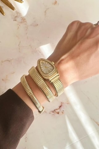 Kora Taşlı Gri Kadran Gold Kordon Yılan Model Kadın Kol Saati Altın