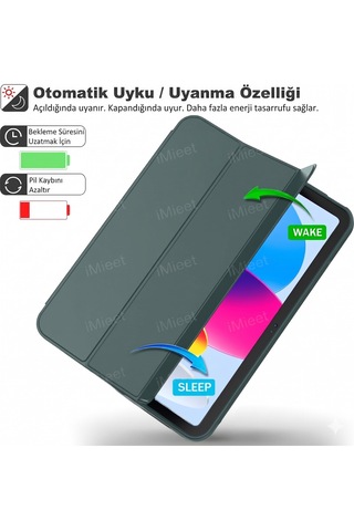 Apple İpad 11.nesil 2025 A16 / 10.nesil 2022 10,9 Inç Uyumlu Kılıf Kalem Tutuculu, Yumuşak Tpu Sırtlı, Üç Katlı Standlı Akıllı Kılıf Kapaklı Kılıf