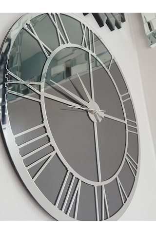Ayna Denizi Silver Smoked Model Gümüş Füme Renk 50 CM Dekoratif Aynalı Duvar Saati Gümüş