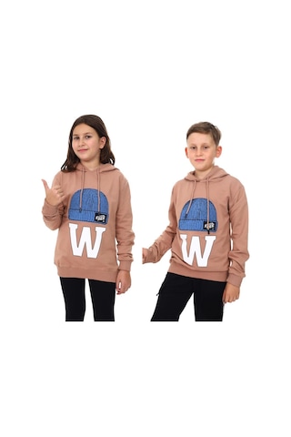 Çocuk Bere Baskılı Ve İşlemeli Kapüşonlu Sweatshirt-13410-kahverengi Kahverengi