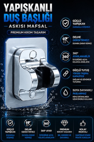 Ymv Yapışkanlı Duş Başlığı Askısı Mafsallı Ayarlanabilir Duş Tutacağı Delme Gerektirmeyen Güçlü Duvar Aparatı Beyaz