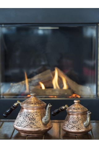 Bakır Çaydanlık Ağır İşlemeli Mat Bakır Renk
