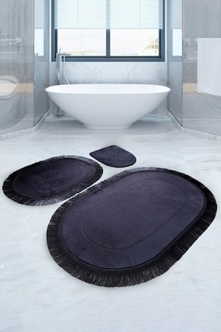 Bonny Home Pera Siyah 3'lü Banyo Paspası Seti Kaymaz Tabanlı Saça Siyah