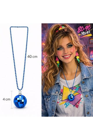 Retro Disko Topu Şekilli 80& Apos Ler 90& Apos Lar Mavi Renk Plastik Kolye 4801