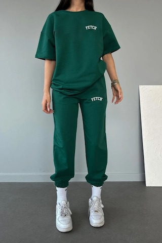 Fetch T-shirt Eşofman Altı Jogger- Yeşil Baskı Alt Üst Eşofman Takımı Oversize Bisiklet Yaka Yeşil
