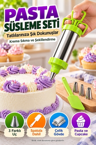 Pasta Süsleme Seti Krema Şırıngası Çelik Gövde Üç Uçlu Spatula Kek Cupcake Dekorasyon Mutfak Aparatı Çok Renkli