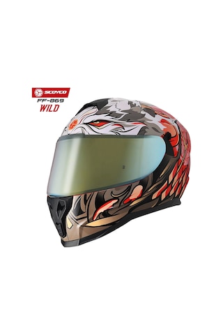 Scoyco FF-869 Wild Sarı Camlı Güneş Vizörlü Kapalı Kask Beyaz - Gri - Turuncu
