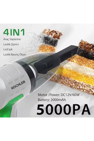 4 Fonksiyonlu Şarjlı Araç Süpürgesi Şişirme Pompası + Basınç Ölçer + Led Işık
