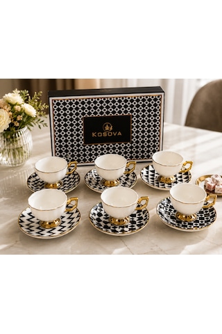 Premium Porselen 6 Kişilik Türk Kahvesi Fincan Takımı Gold Detaylı Modern Desenli Şık Hediye Seti Çok Renkli