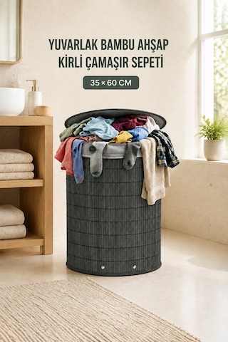 60 Litre Bambu Kirli Çamaşır Sepeti Modern Tasarım Çamaşır Sepeti Oyuncak Kutusu Gri