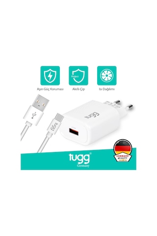 Tugg Germany 104302 18W Isı Ve Akım Korumalı Hızlı Sarj Usb + Type-c Kablolu Akıllı Şarj Başlık Seti Beyaz