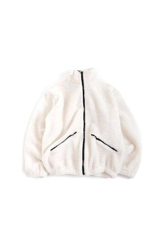 No Plan Erkek Oversize Fermuarlı Pelüş Sweat Ceket-Beyaz