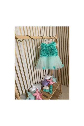 Hayy Baby Kıds Wear Su Yeşil Çiçekli Çocuk Tütü Elbise