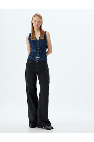 Koton Bol Kot Pantolon Çift Bel Detaylı Düğmeli Yıkamalı - Loose Straight Fit Jean Siyah 5wal40083md Siyah