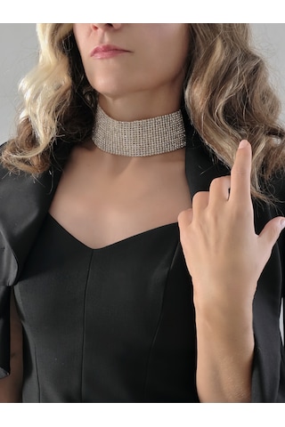 Gümüş Kaplama Rhinestone Choker Tasma Model Kolye Gümüş