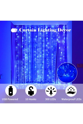 Neevoyu 3x3m 300 Led Perde Işığı 8 Aydınlatma Modu Usb Şarjlı Kumandalı Sıcak Beyaz Festivite Dekorasyonu Sıcak Beyaz