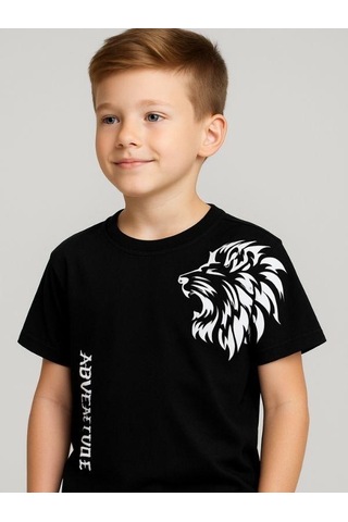 Çocuk Aslan Baskılı Pamuklu Oversize T-shirt-16014 SIYAH