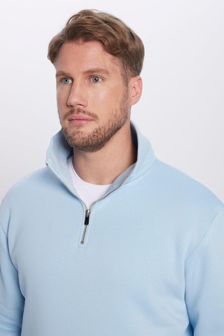 Tudors Unisex Relax Fit Rahat Kesim Pamuklu İçi Polarlı Yarım Fermuarlı Mavi Dik Yaka Sweatshirt-31447 Mavi