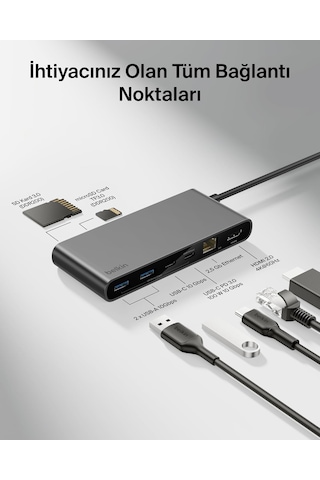 Belkin Connect 8 Portlu Usb-c Hub, 4k 60hz'100 W Pd, 10 Gbps Veri Aktarım Hızı Ve 2,5 Gbps Ethernet - Gri