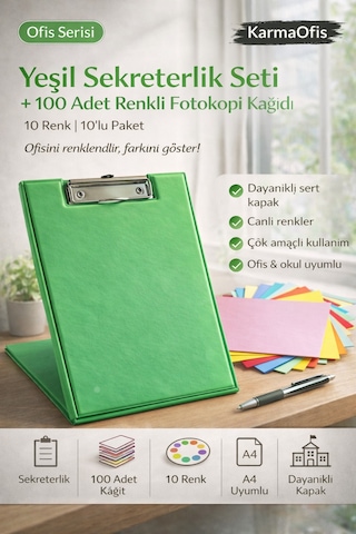 Yeşil Sekreterlik Seti + 100 Adet Renkli A4 Fotokopi Kağıdı Dayanıklı Kapak, Çok Amaçlı Kullanım