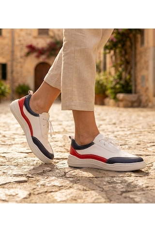 Twoegoist Kadın Hakiki Deri Spor Ayakkabı / Sneakers Beyaz - Lacivert - Kırmızı
