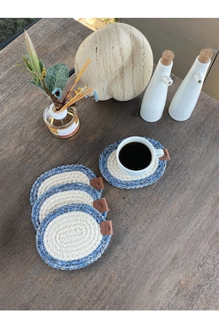 4 Adet Yuvarlak Bardak Altlığı- Leke Tutmaz- Mavi-beyaz 13x13 Cm Beyaz - Mavi
