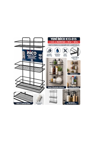 K13-015 3 Katlı & Dikdörtgen Siyah Metal Banyo Köşelik & Duşkabin Raf & Şampuanlık 12'li Paket
