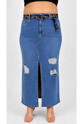 Büyük Beden Denim Kemerli Yırtmaçlı Kalem Etek Mavi