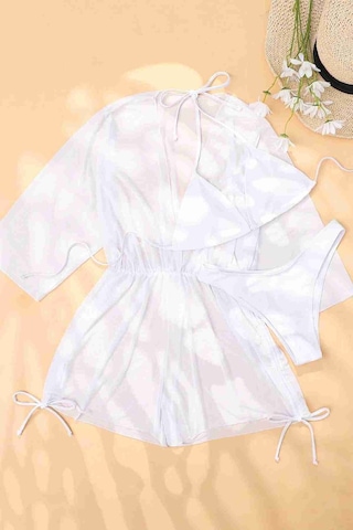 Angelsin Şifon Pareo Plaj Elbesi Cover Up Kimono Beyaz 001
