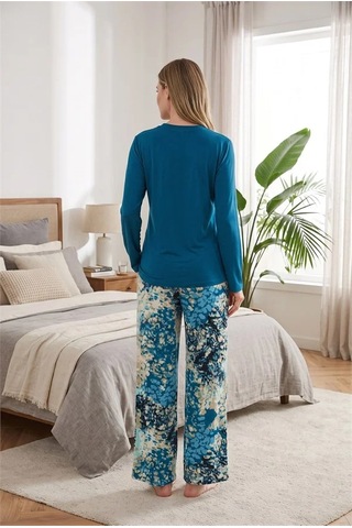 Go İthalat Kadın Şık Tasarım Desenli Geniş Paçalı Yumuşak Dokulu Viskon Kumaş 2'li Pijama Takımı mavi
