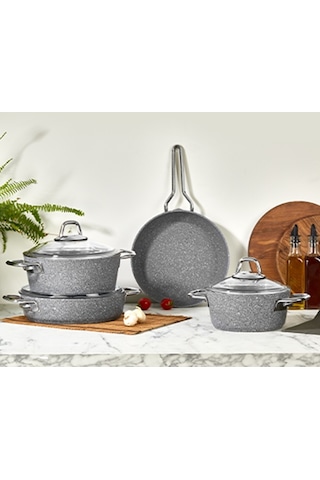 Amboss Shadow 7 Parça Yanmaz Yapışmaz Ezme- Granit Tencere Seti - Gri