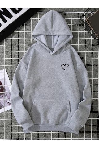 Yarım Kalp Sweatshirt - Gri Baskılı Oversize Kapüşonlu Gri