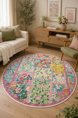 Peace Dijital Kaymaz Yıkanabilir Renkli Yuvarlak Salon Halısı Çocuk Halısı 140 X 140 Cm Çok Renkli